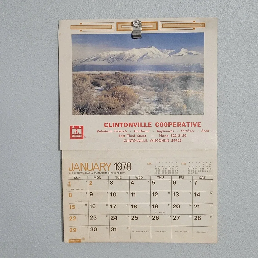 1978 Clintonville CoopWall Calendar Pencil Holder‎ Clintonville Wisconsin